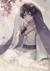 Rule 34 | 1boy, arm armor, barefoot, belt, black bow, black hair, blurry, blush, bow, branch, cherry blossoms, closed mouth, detached sleeves, fingernails, flower, genshin impact, gold, grass, grey pants, grey sky, grey vest, hair between eyes, hand up, highres, jewelry, leaf, long sleeves, looking to the side, mandarin collar, multicolored hair, necklace, outdoors, pants, petals, pink flower, pom pom (clothes), purple belt, purple bow, purple eyes, purple hair, purple shirt, red bow, scaramouche (genshin impact), scaramouche (kabukimono) (genshin impact), shirt, short hair, sitting, sky, smile, solo, sunlight, teeth, tree, two-tone hair, veil, vest, wide sleeves, zaso