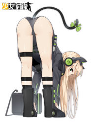 Rule 34 | 1girl, animal ear headphones, animal ears, ass, bad id, bad pixiv id, bent over, black footwear, black jacket, black leotard, blonde hair, blush, boots, bow, cat ear headphones, cat ears, cat girl, cat tail, character name, covered mouth, fake animal ears, from behind, girls&#039; frontline, green bow, green eyes, headphones, highres, jacket, leotard, long hair, long sleeves, looking at viewer, looking back, mole, mole on ass, noria, simple background, solo, standing, tail, tail bow, tail ornament, tail raised, thigh strap, tmp (girls&#039; frontline), very long hair, white background