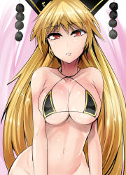 Rule 34 | 1girl, alternate costume, bikini, blonde hair, bottomless, breasts, cleavage, hat, highres, junko (touhou), long hair, looking at viewer, mature female, micro bikini, navel, parted lips, pom pom (clothes), red eyes, solo, swimsuit, touhou, very long hair, y2