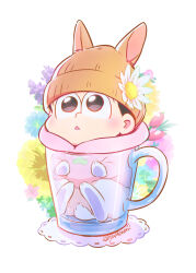 Rule 34 | 1boy, :3, against glass, animal, animalization, beanie, black eyes, black hair, blush, clothed animal, cup, cup holder, flower, hat, hat flower, highres, hood, hoodie, in container, in cup, looking up, male focus, matsu symbol, matsuno todomatsu, mug, osomatsu-san, pink hoodie, rabbit, triangle mouth, yumeno haruka