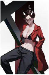 Rule 34 | 1girl, abs, absurdres, backwards text, black bra, black pants, bluecup, border, bra, breasts, brown hair, choker, cleavage, clenched teeth, coat, collarbone, collared coat, cross, english text, frown, glaring, glasses, gradient background, gradient hair, hands in pockets, highres, horns, long sleeves, looking at viewer, multicolored hair, muscular, muscular female, navel, open clothes, open coat, original, pants, parted bangs, red background, red coat, red eyes, round eyewear, shiny clothes, short hair, signature, slit pupils, solo, teeth, two-tone background, typo, underwear, upside-down text, veins, veiny breasts, white background, white border