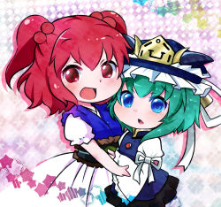 Rule 34 | 2girls, asymmetrical hair, black headwear, black sash, blue dress, blue eyes, blue headwear, blue kimono, blue vest, blush, blush stickers, bow, breasts, brown sash, buttons, chibi, cleavage, dress, enma (mythology), epaulettes, flower, frilled hat, frills, green hair, hair between eyes, hair bobbles, hair ornament, hat, japanese clothes, kimono, kokumo an&#039;yo, long sleeves, looking at viewer, mary janes, medium breasts, multiple girls, onozuka komachi, open mouth, petticoat, puffy short sleeves, puffy sleeves, red bow, red eyes, red flower, red hair, ribbon-trimmed skirt, ribbon-trimmed vest, ribbon trim, rod of remorse, sash, scythe, shiki eiki, shirt, shoes, short hair, short sleeves, short twintails, skirt, sleeve bow, smile, socks, spider lily, standing, star (symbol), touhou, twintails, two side up, vest, white bow, white shirt, white skirt, wide sleeves