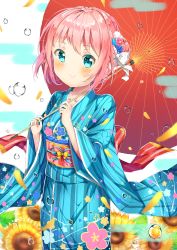 Rule 34 | 1girl, absurdres, blue eyes, blush, day, water drop, floral print, flower, hair ornament, highres, japanese clothes, kimono, looking at viewer, original, outdoors, over shoulders, parasol, pink hair, short hair, smile, solo, standing, sunflower, torokeru none, umbrella