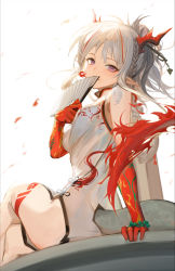 Rule 34 | 1girl, arknights, bare shoulders, bead bracelet, beads, bracelet, braid, breasts, china dress, chinese clothes, dragon horns, dragon tail, dress, ecien, fire, folding fan, hair ornament, hairpin, hand fan, highres, holding, horns, jewelry, leg tattoo, long hair, looking at viewer, medium breasts, multicolored hair, nian (arknights), nian (unfettered freedom) (arknights), official alternate costume, parted lips, pelvic curtain, pointy ears, ponytail, purple eyes, resolution mismatch, sidelocks, silver hair, sitting, sleeveless, sleeveless dress, smile, solo, source smaller, streaked hair, tail, tattoo, thighs, white dress