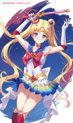 Rule 34 | 1girl, arms up, artist name, bishoujo senshi sailor moon, bishoujo senshi sailor moon supers, blonde hair, blue eyes, blue sailor collar, blue skirt, blush, boots, circlet, closed mouth, collarbone, covered navel, double bun, elbow gloves, floating hair, gloves, gradient skirt, hair bun, holding, holding staff, knee boots, leotard, long hair, looking at viewer, miniskirt, pleated skirt, red footwear, sailor collar, sailor moon, sailor senshi uniform, sebu illust, skirt, smile, solo, staff, super sailor moon, twintails, very long hair, white gloves, white leotard, white skirt, yellow eyes