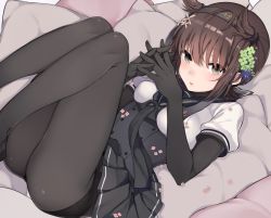 Rule 34 | 10s, 1girl, black skirt, bodysuit, brown hair, cherry blossoms, clover hair ornament, flower, grey eyes, hair flower, hair ornament, hairband, hatsuzuki (kancolle), interlocked fingers, kantai collection, knees up, looking at viewer, lying, neckerchief, on back, oniku (oishii oniku), own hands together, pantyhose, parted lips, pillow, pleated skirt, school uniform, serafuku, short hair, skirt, solo, thighs