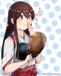 Rule 34 | 1girl, akagi (kancolle), boned meat, brown eyes, brown hair, chiwa (chiwa0617), commentary request, covering own mouth, eating, food, hakama, hakama short skirt, hakama skirt, hand over own mouth, highres, japanese clothes, kantai collection, long hair, meat, muneate, one-hour drawing challenge, polka dot, polka dot background, red hakama, skirt, solo, straight hair, tasuki, upper body