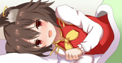 Rule 34 | 1girl, :d, animal ears, blush, brown hair, cat ears, chen, commentary request, earrings, futon, gold trim, grey background, guard vent jun, hair between eyes, highres, jewelry, long sleeves, looking at viewer, lying, on side, open mouth, paw pose, red eyes, red vest, shirt, short hair, simple background, single earring, smile, solo, touhou, under covers, vest, white shirt, yellow neckwear