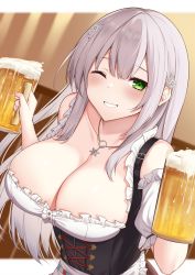 Rule 34 | 1girl, alcohol, bare shoulders, beer, beer mug, blunt bangs, blush, breasts, cleavage, collarbone, cup, dirndl, dress, dutch angle, flower, frilled dress, frills, german clothes, green eyes, grin, hair flower, hair ornament, highres, holding, holding cup, hololive, jewelry, kurigura (sketch san), large breasts, leaning forward, long hair, looking at viewer, mug, necklace, one eye closed, outside border, shirogane noel, shirogane noel (dirndl), sidelocks, silver hair, smile, solo, underbust, upper body, virtual youtuber