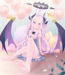 Rule 34 | 1girl, :&lt;, ahoge, alternate costume, balloon, black bow, black bowtie, blue archive, blue skirt, blush, bow, bowtie, closed mouth, cushion, feet, hair ribbon, halo, highres, hina (blue archive), horns, long hair, looking at viewer, low wings, multiple horns, nishiki koi, no shoes, on floor, pantyhose, purple eyes, ribbon, shirt, short sleeves, skirt, solo, star balloon, suspender skirt, suspenders, white hair, white pantyhose, white shirt, wings