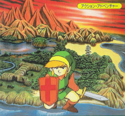 Rule 34 | 1980s (style), 1boy, forest, green shirt, hat, link, male focus, mountain, nature, nintendo, ocean, official art, retro artstyle, pointy ears, retro artstyle, scenery, shield, shirt, solo, squatting, sword, the legend of zelda, weapon