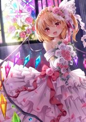 Rule 34 | 1girl, :d, alternate costume, bare shoulders, blonde hair, blush, bouquet, bow, braid, bride, cowboy shot, crown braid, crystal, dress, earrings, elbow gloves, fang, flandre scarlet, flower, gloves, hair between eyes, hair flower, hair ornament, head tilt, holding, holding bouquet, indoors, jewelry, kure~pu, light rays, looking at viewer, necklace, off-shoulder dress, off shoulder, one side up, open mouth, pearl necklace, petals, pink flower, pink rose, red bow, red eyes, rose, short hair, smile, solo, stained glass, stud earrings, touhou, veil, wedding dress, white flower, white gloves, white rose, wings