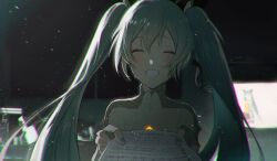 Rule 34 | 1girl, :d, black bow, blue hair, blue nails, blush, bow, closed eyes, crying, dark, facing viewer, grin, hair between eyes, hair bow, hatsune miku, highres, holding, holding paper, incoming gift, light particles, long hair, nail polish, neon trim, odds &amp; ends (vocaloid), open mouth, paper, sheet music, shirt, sidelocks, smile, solo, teeth, television, twintails, upper body, very long hair, vocaloid, white shirt, yurun (yurun ume)