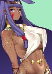 Rule 34 | 1girl, animal ears, bare shoulders, belly chain, blue background, bracelet, breasts, covered erect nipples, dark-skinned female, dark skin, detached collar, earrings, egyptian, egyptian clothes, eyeliner, facepaint, facial mark, fate/grand order, fate (series), hairband, halterneck, hoop earrings, jackal ears, jewelry, karasuma yayoi, large breasts, long hair, looking at viewer, looking to the side, makeup, navel, nitocris (fate), one-piece swimsuit, puffy nipples, purple eyes, purple hair, sideboob, sidelocks, simple background, solo, swimsuit, underboob, usekh collar, very long hair, white one-piece swimsuit