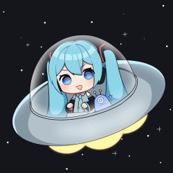 Rule 34 | 1girl, 1other, @ @, alien, aqua eyes, aqua hair, aqua necktie, bare shoulders, black sleeves, chibi, commentary, creature, detached sleeves, flying saucer, grey shirt, hair ornament, hatsune miku, headphones, highres, lever, long hair, looking at viewer, masumofu, necktie, one-eyed, open mouth, piloting, shirt, sleeveless, sleeveless shirt, space, spacecraft, star (sky), triangle mouth, twintails, ufo day, v-shaped eyebrows, very long hair, vocaloid, waving