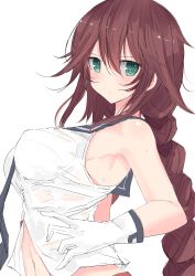 Rule 34 | 10s, 1girl, absurdres, armpits, bare shoulders, blush, braid, breasts, closed mouth, from side, gloves, green eyes, hair between eyes, highres, kantai collection, large breasts, long hair, looking at viewer, looking to the side, nao (qqqbb), navel, noshiro (kancolle), school uniform, see-through, serafuku, shirt, simple background, single braid, sleeveless, sleeveless shirt, solo, stomach, sweatdrop, upper body, wet, wet clothes, white background, white gloves, white shirt