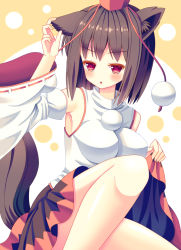 Rule 34 | 1girl, animal ears, armpits, black hair, blush, breasts, chestnut mouth, clothes lift, cosplay, detached sleeves, fake animal ears, female focus, hand on own ear, hat, hat ribbon, hazakura satsuki, highres, inubashiri momiji, inubashiri momiji (cosplay), kemonomimi mode, large breasts, long sleeves, open mouth, pink eyes, pom pom (clothes), ribbon, shameimaru aya, shirt, sitting, skirt, skirt lift, solo, tail, tokin hat, touhou, wide sleeves, wolf ears, wolf tail