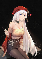 Rule 34 | 1girl, absurdres, areaaaron, azur lane, bare shoulders, belfast (azur lane), belfast (shopping with the head maid) (azur lane), beret, black background, black skirt, black thighhighs, blue eyes, breasts, choker, cleavage, collarbone, food, hat, highres, long hair, looking at viewer, nail polish, pocky, scarf, silver hair, sitting, skirt, smile, solo, sweater, thighhighs