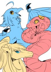 Rule 34 | 10s, 3girls, ahoge, akanesanzou, animal ears, animalization, bird, blue eyes, blue wings, centorea shianus, fang, forked tongue, hair ornament, hairclip, horse, horse ears, long hair, looking at viewer, miia (monster musume), monster musume no iru nichijou, multiple girls, open mouth, papi (monster musume), pointy ears, ponytail, scales, slit pupils, smile, snake, tongue, wings, yellow eyes