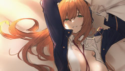 Rule 34 | 1girl, arm up, bad id, bad pixiv id, bed sheet, blazer, blue jacket, breasts, brown hair, cleavage, commentary, girls&#039; frontline, gloves, green eyes, hair between eyes, hair ribbon, highres, jacket, kukikomori, large breasts, long hair, looking at viewer, lying, neck ribbon, on back, open clothes, open jacket, open shirt, red neckwear, ribbon, smile, springfield (girls&#039; frontline), undone neck ribbon, white gloves