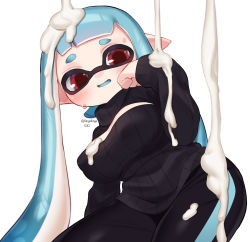 Rule 34 | 1girl, aqua hair, black sweater, blush, breasts, busujima funya, cleavage, cleavage cutout, clothing cutout, covered erect nipples, cream, domino mask, highres, inkling player character, large breasts, long hair, long sleeves, mask, nintendo, pants, parted lips, pointy ears, red eyes, ribbed sweater, simple background, single vertical stripe, solo, splatoon (series), suggestive fluid, sweat, sweater, tentacle hair, track pants, turtleneck, turtleneck sweater, twintails, twitter username, white background