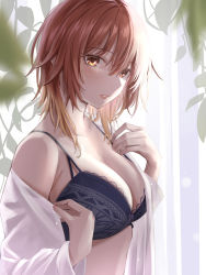 Rule 34 | 1girl, aketa mikoto, black bra, blurry, blurry foreground, bra, breasts, collarbone, day, eyelashes, gradient hair, hair between eyes, hands up, highres, idolmaster, idolmaster shiny colors, large breasts, long sleeves, looking at viewer, medium hair, multicolored hair, open clothes, parted lips, plant, revision, single bare shoulder, solo, strap gap, sunlight, underwear, upper body, vines, yoshimoto (carpsukidayo)