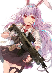Rule 34 | 1girl, :3, adaptive combat rifle, aimpoint, alternate costume, animal ears, assault rifle, bag, bandaged arm, bandages, bandaid, bandaid on face, belt, black gloves, black skirt, commentary request, cowboy shot, fingerless gloves, gloves, gun, highres, holding, holding gun, holding weapon, kita (kitairoha), long hair, looking at viewer, miniskirt, necktie, pleated skirt, purple hair, rabbit ears, red eyes, red necktie, reisen udongein inaba, rifle, shirt, short sleeves, simple background, single thighhigh, skirt, smile, solo, standing, thighhighs, thighs, torn clothes, torn shirt, torn thighhighs, touhou, v-shaped eyebrows, weapon, white background, white shirt, wing collar, zettai ryouiki