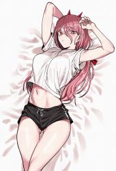 Rule 34 | absurdres, blush, breasts, casual, chainsaw man, cross-shaped pupils, dolphin shorts, gluteal fold, highres, huge breasts, long hair, loose clothes, on bed, pink hair, power (chainsaw man), shirt, shorts, solo, symbol-shaped pupils, thigh gap, thighs, urec