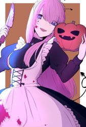 Rule 34 | 1girl, apron, black dress, blood, blood on clothes, bloody knife, blue eyes, breasts, commentary, dress, fangs, frilled apron, frills, hands up, highres, holding, holding clothes, holding jacket, holding knife, jack-o&#039;-lantern, jacket, knife, long hair, looking at viewer, maid, maid headdress, medium breasts, megurine luka, moa0291, open mouth, pink hair, ringed eyes, sidelighting, smile, solo, upper body, very long hair, vocaloid