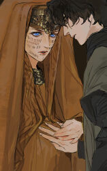 Rule 34 | 1boy, 1girl, absurdres, big belly, black hair, blue eyes, dune: part two, dune (series), facial mark, hand on another&#039;s stomach, headdress, highres, jessica atreides, looking at another, mother and son, paul atreides, pregnant, robe, rora (auroradiation), short hair, upper body, veil