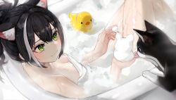 Rule 34 | 1girl, absurdres, alternate hairstyle, animal ear fluff, animal ears, bare shoulders, bath, bathtub, black hair, breasts, bubble bath, cat, cat ears, cleavage, collarbone, commentary request, from above, green eyes, hair between eyes, highres, huge filesize, karyl (princess connect!), long hair, looking at another, multicolored hair, naked towel, nang z1, ponytail, princess connect!, rubber duck, sidelocks, sitting, smelling, smile, streaked hair, sweat, towel, two-tone hair, wet towel, white towel