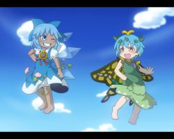 Rule 34 | 2girls, antennae, aqua hair, barefoot, blue bow, blue dress, blue eyes, blush, bow, butterfly wings, cirno, collared shirt, detached wings, dress, eternity larva, fairy, flower, green dress, grin, hair between eyes, hair bow, highres, ice, ice wings, insect wings, leaf, leaf on head, letterboxed, morning glory, multicolored clothes, multicolored dress, multiple girls, one eye closed, open mouth, orange eyes, pink flower, puffy short sleeves, puffy sleeves, round teeth, shirt, short hair, short sleeves, single strap, smile, tanned cirno, teeth, tomato chip, touhou, upper teeth only, white shirt, wings, yellow flower