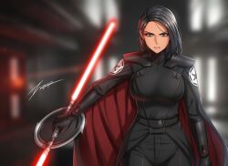 1girl artist_name belt black_belt black_cape black_gloves black_hair black_jacket black_pants blurry blurry_background breasts brown_eyes cape commentary dark-skinned_female dark_skin depth_of_field double-bladed_spinning_lightsaber energy_sword english_commentary gloves holding_lightsaber imperial_insignia indoors jacket large_breasts lightsaber looking_at_viewer pants red_cape red_lightsaber second_sister_(star_wars) signature solo star_wars star_wars_jedi:_fallen_order sword two-sided_cape two-sided_fabric weapon zxpfer