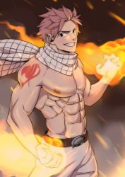 Rule 34 | 1boy, abs, absurdres, bara, belt, fairy tail, fire, highres, large pectorals, looking at viewer, magic, male focus, muscular, muscular male, natsu dragneel, navel, nipples, pants, pectorals, pink hair, scarf, short hair, shoulder tattoo, smile, solo, spiked hair, suyohara, tattoo, teeth, topless male, white pants