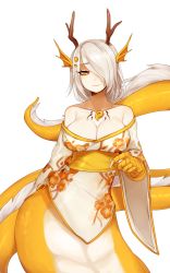 Rule 34 | 1girl, alternate color, animal hands, bare shoulders, body jewelry, breasts, cleavage, dragon, dragon horns, eastern dragon, fins, gem, grey hair, hair over one eye, head fins, horns, japanese clothes, jewelry, kimono, large breasts, looking at viewer, magatama, monster girl, monster girl encyclopedia, obi, off shoulder, ryuu (monster girl encyclopedia), sash, scales, short hair, simple background, smile, solo, terupancake, white background, wide sleeves, yellow eyes