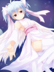Rule 34 | 1girl, armpits, gender request, genderswap, gintama, hair ribbon, japanese clothes, maruki (punchiki), red eyes, ribbon, sakata gintoki, short twintails, silver hair, smile, solo, thighhighs, twintails, white thighhighs