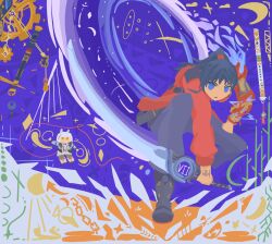 Rule 34 | 1boy, 1girl, animal ears, bamboo, belt, blue eyes, blue hair, boots, cat ears, clock, crescent, dark blue hair, expressionless, flute, full body, gears, grey jacket, ground shatter, highres, holding, holding weapon, instrument, jacket, llamas yes, long sleeves, looking at viewer, lucky seven (xenoblade), mio (xenoblade), no lineart, noah (xenoblade), ponytail, purple background, red jacket, roman numeral, slashing, string, string of fate, sword, tic-tac-toe, twitter username, weapon, white hair, white jacket, xenoblade chronicles (series), xenoblade chronicles 3