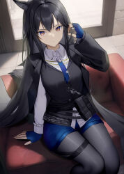 Rule 34 | 1girl, absurdres, animal ears, arknights, belt pouch, black hair, black jacket, black pantyhose, black vest, blue eyes, blue gloves, blue necktie, blue shorts, breasts, closed mouth, collared shirt, commentary, couch, expressionless, feet out of frame, fingerless gloves, gloves, hand in own hair, highres, jacket, jacket on shoulders, long hair, looking at viewer, medium breasts, multicolored eyes, necktie, official alternate costume, orange eyes, pantyhose, pantyhose under shorts, pouch, shirt, shorts, sitting, solo, tail, tenjinmeshi, texas (arknights), texas the omertosa (arknights), thigh strap, tile floor, tiles, vest, white shirt, wing collar, wolf ears, wolf girl, wolf tail