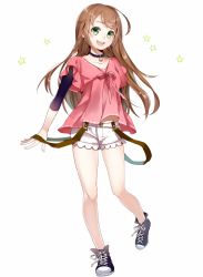 Rule 34 | 1girl, :d, bad id, bad pixiv id, brown hair, casual, choker, collarbone, green eyes, long hair, open mouth, original, shorts, simple background, smile, solo, white background, yunco, yuzuki kihiro