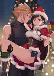 Rule 34 | 1boy, 1girl, befirst b, black hair, blonde hair, blue eyes, blue sweater, blurry, blurry background, boots, box, breasts, capelet, carrying, christmas, christmas present, christmas tree, cloud strife, couple, final fantasy, final fantasy vii, final fantasy vii ever crisis, final fantasy vii remake, fur-trimmed boots, fur-trimmed capelet, fur-trimmed gloves, fur-trimmed headwear, fur-trimmed skirt, fur trim, gift, gift box, gloves, hair ornament, hat, highres, holly hat ornament, large breasts, long hair, looking at another, low-tied long hair, night, official alternate costume, pom pom (clothes), pom pom hair ornament, princess carry, red capelet, red eyes, ribbed sweater, santa hat, skirt, sleeveless, sleeveless turtleneck, spiked hair, square enix, suspenders, sweater, thighs, tifa lockhart, tifa lockhart (fairy of the holy flame), turtleneck, turtleneck sweater, white sweater