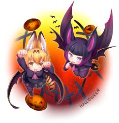 Rule 34 | 10s, 2girls, :d, animal ears, arm up, ascot, bad id, bad pixiv id, bat band, bat ears, black hair, black skirt, blonde hair, blunt bangs, cape, commentary request, common vampire bat (kemono friends), common vampire bat (kemono friends) (cosplay), cosplay, fangs, finger to mouth, from above, halloween, highres, jack-o&#039;-lantern, kemono friends, looking at viewer, multicolored hair, multiple girls, nina yuki, open mouth, paw pose, pink ascot, pleated skirt, purple eyes, purple hair, serval (kemono friends), serval tail, short hair, skirt, smile, tail, v-shaped eyebrows, yellow eyes