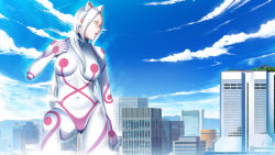 Rule 34 | 1girl, animal ears, bodysuit, breasts, building, cat ears, city, cloud, freckles, game cg, highres, large breasts, legs, long hair, looking away, navel, p/a: potential ability, sei shoujo, serious, sky, solo, standing, thighs, white hair, yellow eyes