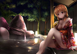 Rule 34 | 10s, 1girl, ahoge, architecture, arm at side, bare shoulders, bottle, braid, breasts, cleavage, east asian architecture, fence, floral print, fountain, hair tie, highres, holding, holding bottle, japanese clothes, kimono, lake, lamp, leg up, long sleeves, looking at viewer, loose clothes, love live!, love live! sunshine!!, medium breasts, night, obi, off shoulder, onsen, orange hair, orein, orien, outdoors, red eyes, reflection, ripples, rock, sash, short kimono, side braid, single braid, sitting, smile, soaking feet, solo, takami chika, tree, veranda, water, wet, wide sleeves