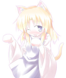 Rule 34 | 1girl, ;p, animal ears, baerun, blonde hair, blue eyes, blush, cat ears, cat girl, cat tail, female focus, moriya suwako, one eye closed, pale color, paw pose, simple background, skirt, solo, tail, tongue, tongue out, touhou, white background, wink