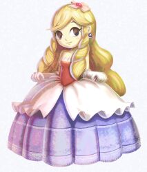 Rule 34 | 1girl, bare shoulders, blonde hair, breasts, closed mouth, dress, earrings, flower, full body, gloves, gonzarez, hair flower, hair ornament, highres, jewelry, long hair, looking at viewer, pointy ears, princess styla, simple background, small breasts, smile, solo, the legend of zelda, the legend of zelda: tri force heroes, white background, white gloves