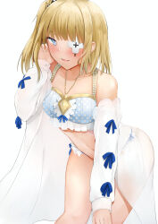 Rule 34 | 1girl, :d, azur lane, bare legs, bare shoulders, bent over, bikini, blonde hair, blue bikini, blue bow, blue eyes, blue ribbon, blunt bangs, blush, bow, breasts, collarbone, cowboy shot, cross, detached sleeves, dress, eyepatch, feet out of frame, frilled bikini, frills, hand on own cheek, hand on own face, hand on own knee, hand up, highres, jacket, jewelry, le terrible (azur lane), le terrible (sunlight seaspray and sanctity) (azur lane), leaning forward, long sleeves, looking at viewer, medium hair, navel, necklace, nori aji, off shoulder, official alternate costume, one eye covered, one side up, open clothes, open mouth, parted lips, petite, polka dot, polka dot bikini, ribbon, see-through, see-through sleeves, shirt, sidelocks, simple background, small breasts, smile, solo, standing, stomach, swimsuit, thighs, underwear, white background, white jacket