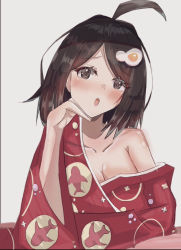 Rule 34 | 1girl, :o, ahoge, araragi tsukihi, black hair, blush, breasts, brown eyes, cleavage, collarbone, commentary, egg hair ornament, elbow rest, food-themed hair ornament, fried egg, grey background, hair ornament, hand on own chin, head rest, japanese clothes, kimono, looking at viewer, medium breasts, medium hair, monogatari (series), nose blush, off shoulder, open mouth, parted bangs, raised eyebrows, red kimono, satesate4, shark print, simple background, upper body