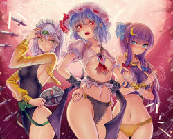 Rule 34 | 3girls, :/, :d, adapted costume, alternate costume, alternate hairstyle, bat wings, blue hair, blush, bow, bracelet, braid, breasts, cameltoe, cosplay, crescent, crescent hair ornament, dio brando, dio brando (cosplay), embarrassed, covered erect nipples, female focus, full moon, hair bow, hair ornament, hands on own hips, hat, izayoi sakuya, jewelry, jojo no kimyou na bouken, kars (cosplay), kars (jojo), knocking, large breasts, long hair, looking at viewer, maid headdress, moon, multiple girls, navel, open mouth, parody, patchouli knowledge, pointy ears, ponytail, power connection, red eyes, red stone of aja, remilia scarlet, revealing clothes, sideboob, silver hair, slit pupils, small breasts, smile, stone mask (jojo), touhou, twin braids, underboob, walzrj, wamuu, wamuu (cosplay), wham (cosplay), wings, yellow eyes