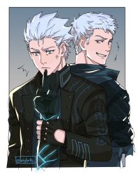 +++ 2boys ^^^ anger_vein artist_name back-to-back black_coat black_gloves blue_eyes blue_jacket blue_vest border buttons closed_mouth coat commentary devil_may_cry_(series) devil_may_cry_5 english_commentary father_and_son fingerless_gloves from_behind gloves grey_background grey_hair hand_up highres holding jacket lapels long_sleeves looking_at_another looking_back male_focus middle_finger multiple_boys nero_(devil_may_cry) open_clothes open_coat short_hair simple_background smile teeth tirtyturtle torn_clothes torn_jacket upper_body v-shaped_eyebrows vergil_(devil_may_cry) vest white_border