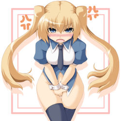 Rule 34 | 1girl, angry, blonde hair, blue eyes, blush, bottomless, covering privates, covering crotch, kokorono arika, necktie, original, solo, thighhighs, twintails